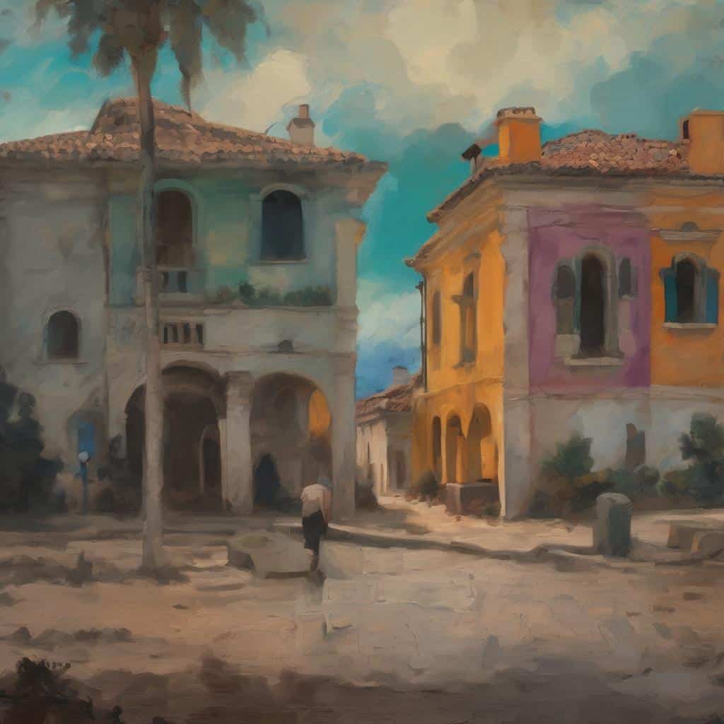 Παραδοσιακή αστική σκηνή με παλιά κτίρια και περαστικό, εμπνευσμένη από την τέχνη.