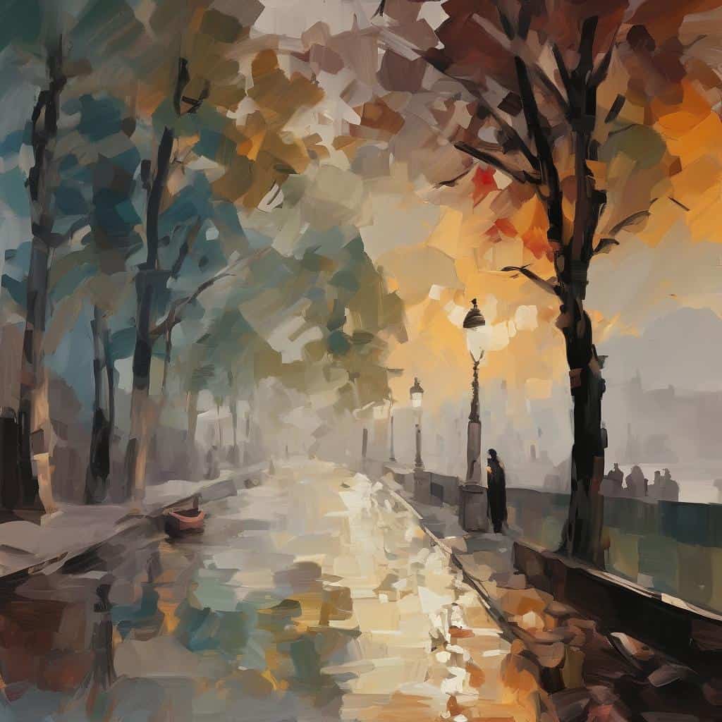 Ρομαντικό τοπίο με δέντρα και φανάρια σε παραλιακό δρόμο.