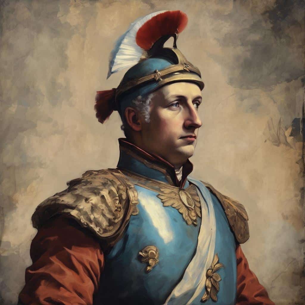 Ανδρική πορτρέτο με αρχαία ρωμαϊκή ενδυμασία και κράνος, ιστορική τέχνη.