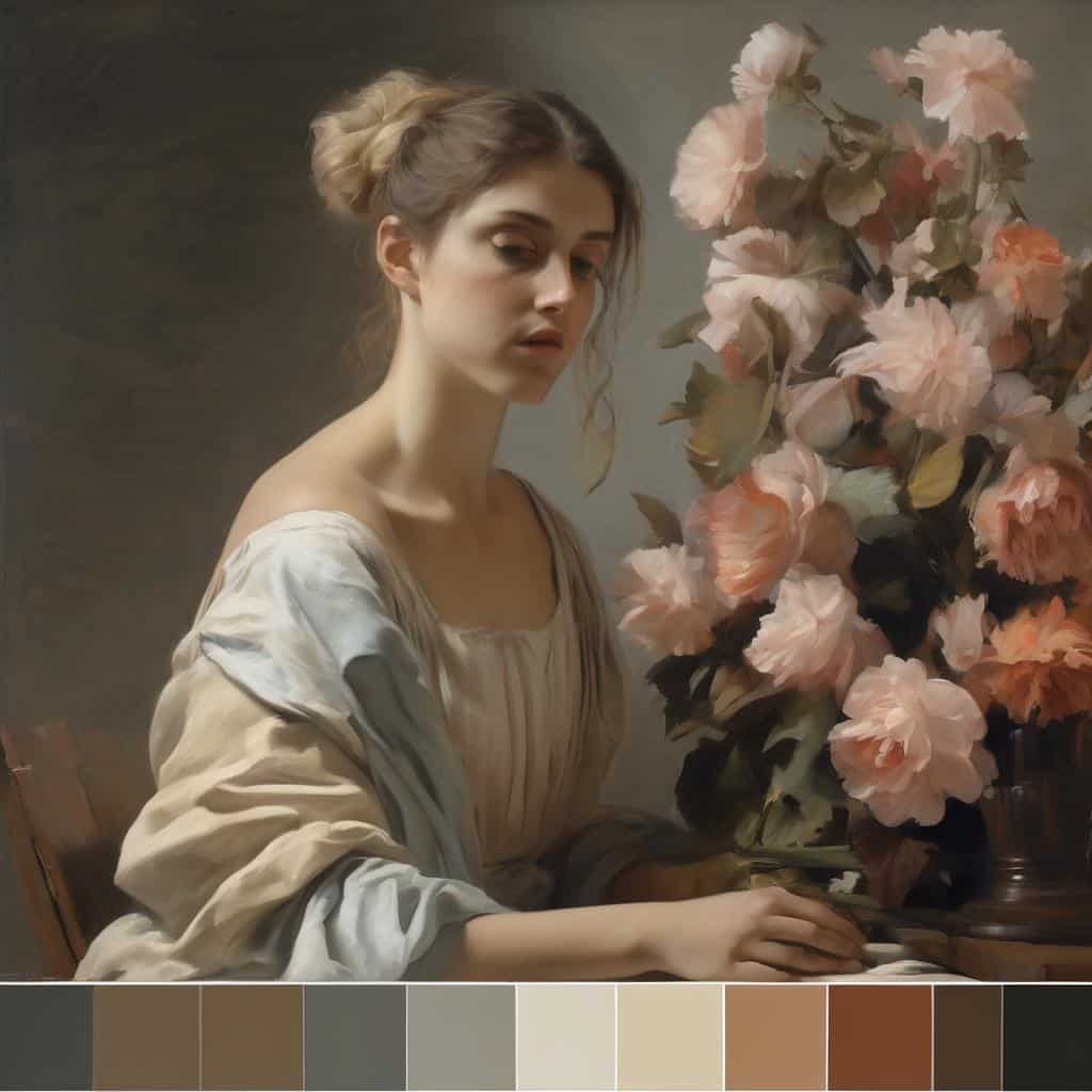 Ανδρέας ΚΕΛΕΣΤΗΣ, πορτρέτο γυναίκας με λουλούδια, τέχνη και δημιουργία.