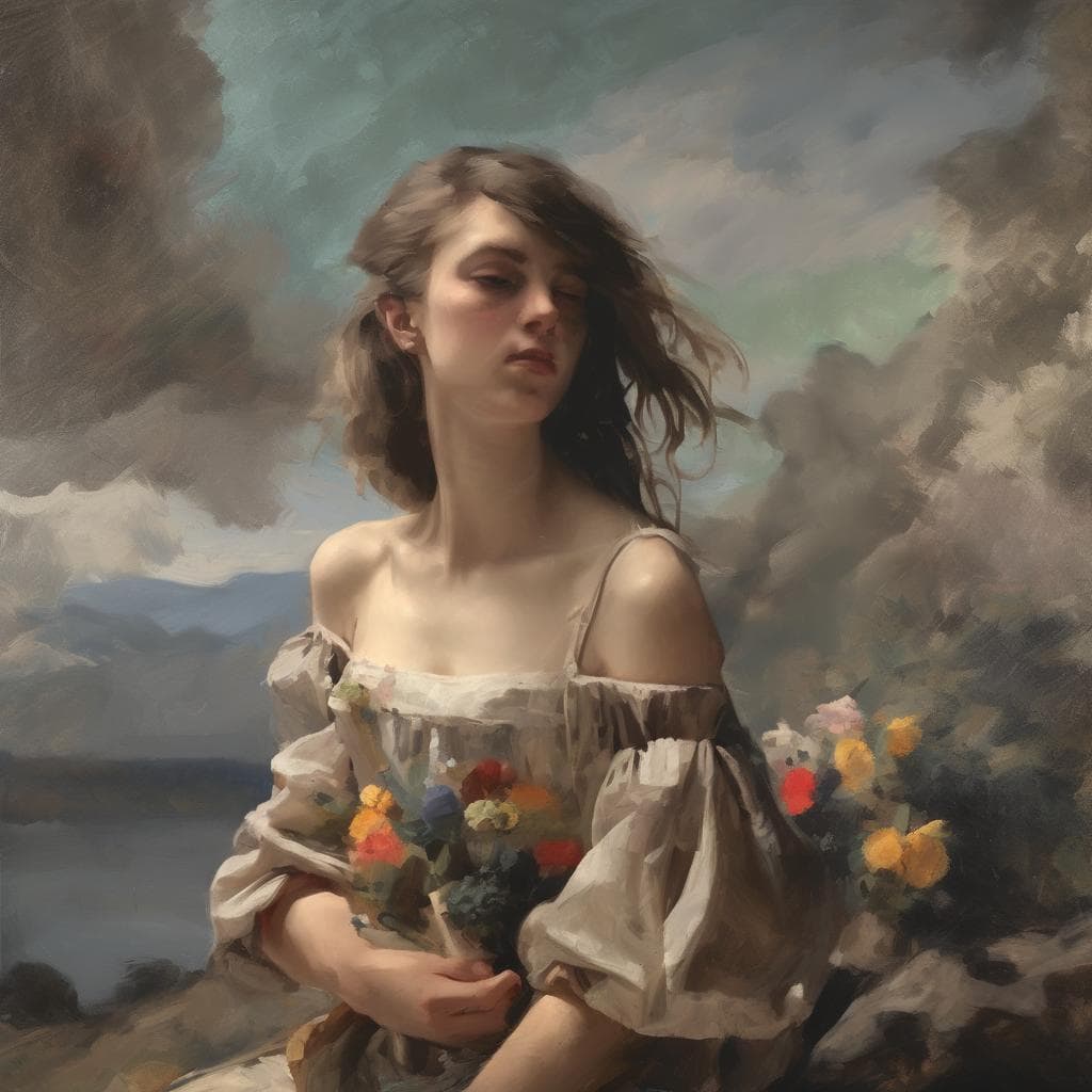 Ανθρώπινη μορφή σε ζωγραφική με λουλούδια, εμπνευσμένη από την τέχνη του ροκοκό.